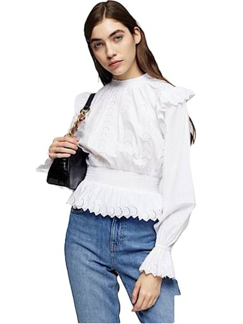TOPSHOP | White embroidered eyelet ruffle blouse top